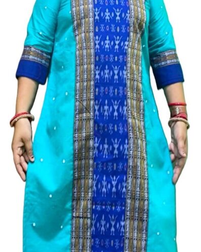 Pure Sambalpuri Handloom Cotton Straight Kurti – Sky Blue & Blue, Regular Fit