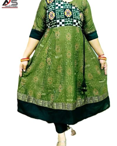 PURE SAMBALPURI HAMDLOOM GOWN COTTON DORI GOWN-Olive Green & Black, Regular Fit