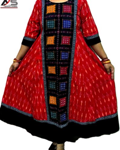 PURE SAMBALPURI HAMDLOOM GOWN COTTON MIDDLE CUTT GOWN-Red & Black, Regular Fit