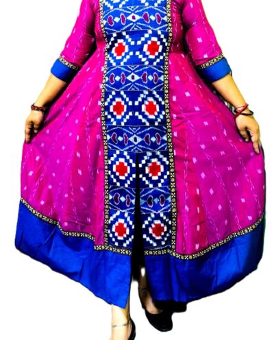 PURE SAMBALPURI HAMDLOOM GOWN COTTON MIDDLE CUTT GOWN-Magenta & Blue, Regular Fit
