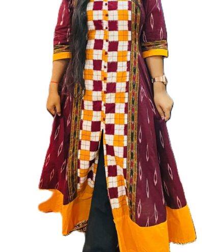 PURE SAMBALPURI HAMDLOOM GOWN COTTON MIDDLE CUTT GOWN-Yellow & Maroon, Regular Fit