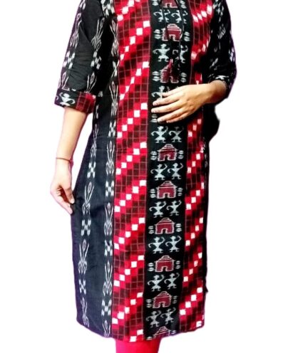 Pure Sambalpuri Handloom Cotton Straight KURTI-BLACK & RED, Regular Fit